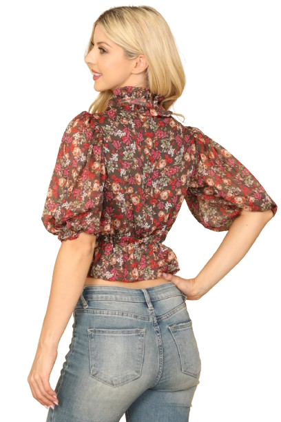 Black Floral High Neck Ruffle Detail Puff Sleeve Crop Top - Pack of 5