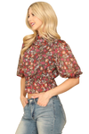 Black Floral High Neck Ruffle Detail Puff Sleeve Crop Top - Pack of 5