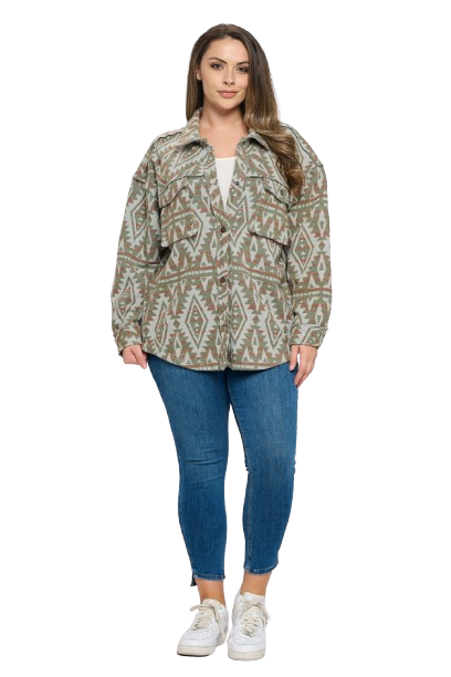 Olive Multi Plus Size Aztec Print Button Down Jacket - Pack of 6