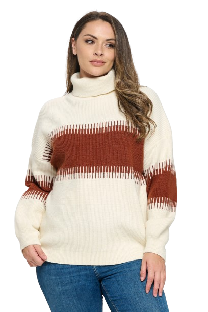 Ivory Brown Plus Size Turtle Neck Contrast Ribbed Sweater - Pack of 6