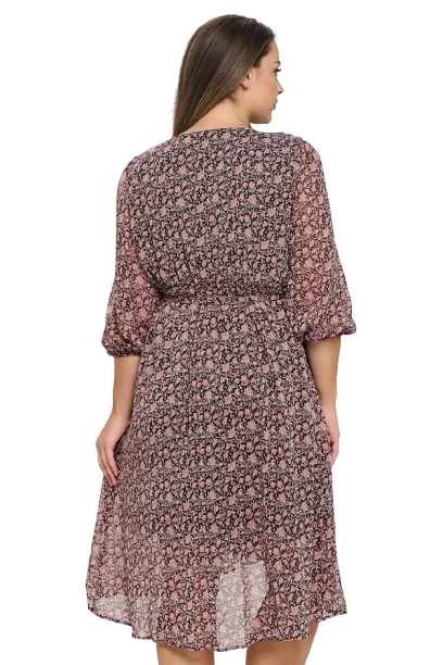 Brown Mauve Plus Size Half Puff Sleeve Wrap Waist Tie Printed Dress - Pack of 6