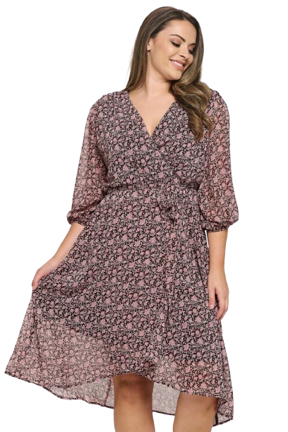 Brown Mauve Plus Size Half Puff Sleeve Wrap Waist Tie Printed Dress - Pack of 6