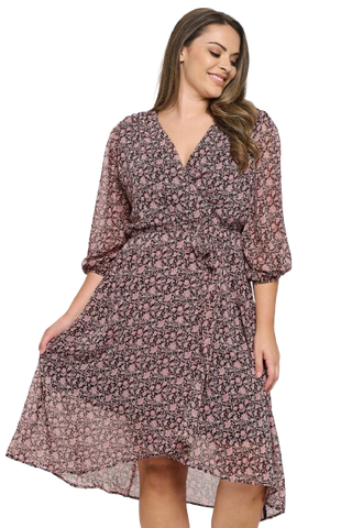 Plus Size Faux Wrap Floral Print Maxi Dress Black Mauve - Pack of 6