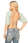 Sage White Plaided Half Puff Sleeve Back Tie Crop Top - Pack of 5