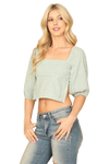 Sage White Plaided Half Puff Sleeve Back Tie Crop Top - Pack of 5