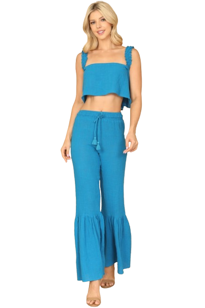 Turquoise Ruffle Strap Flowy Crop Top & Flounce Pants Set - Pack of 5