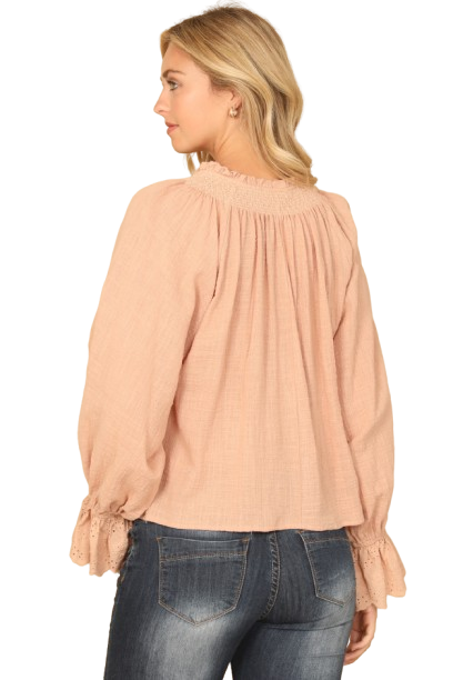 Dusty Peach Key Hole Tie Ruffle Neck Long Flounce Sleeve Hanging Top - Pack of 5