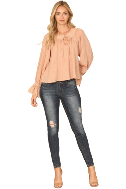 Dusty Peach Key Hole Tie Ruffle Neck Long Flounce Sleeve Hanging Top - Pack of 5