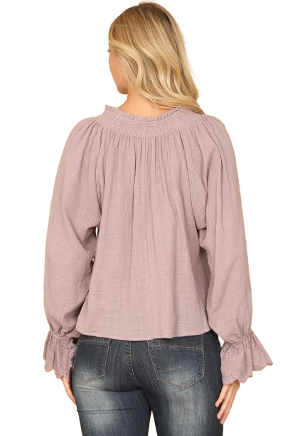 Lilac Key Hole Tie Ruffle Neck Long Flounce Sleeve Hanging Top - Pack of 5