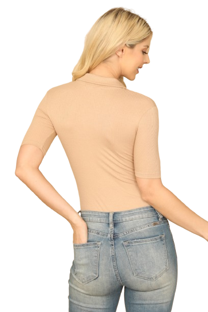 Tan Collared Button Half Ribbed Bodysuit - Pack of 5