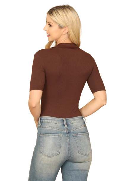 Brown Collared Button Half Ribbed Bodysuit - Pack of 5