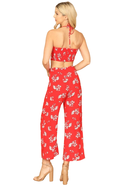 Red White Spaghetti Strap Floral Crop Top and Pants Set - Pack of 5