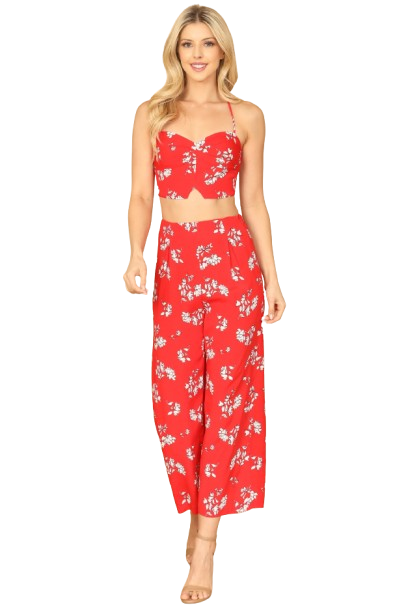 Red White Spaghetti Strap Floral Crop Top and Pants Set - Pack of 5