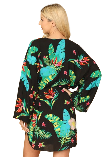 Black Tropical Long Sleeve Button Down Waist Tie Curve Hem Mini Dress - Pack of 5