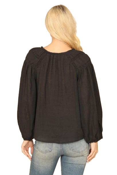 Black Long Puff Sleeve Notch Neck Lace Top - Pack of 5