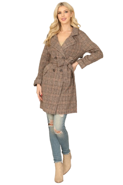 Brown Seamless Plaid Waist Tie Wrap Coat Jacket - Pack of 6