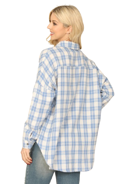 Blue Seamless Plaid Long Sleeve Button Down Top - Pack of 6