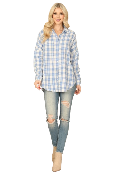 Blue Seamless Plaid Long Sleeve Button Down Top - Pack of 6