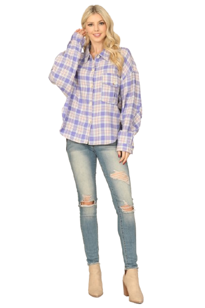 Lavender Seamless Plaid Long Sleeve Button Down Pocket Patch Curve Hem Top - Pack of 6