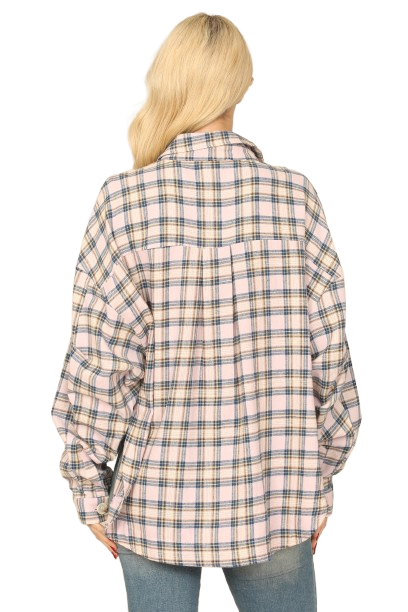 Pink Seamless Plaid Long Sleeve Button Down Pocket Patch Curve Hem Top - Pack of 6