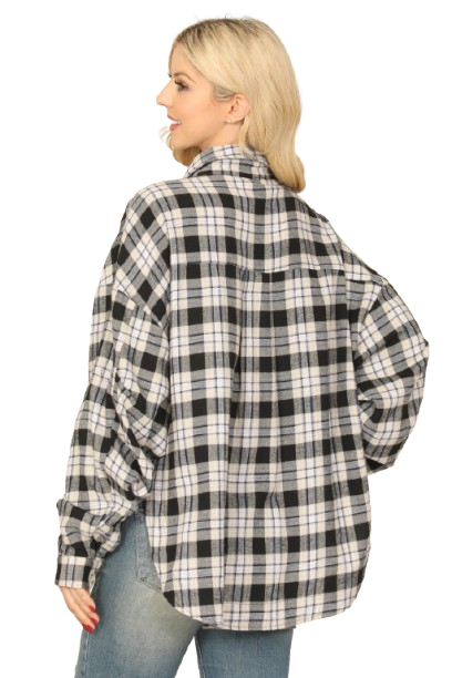 Black Seamless Plaid Long Sleeve Button Down Pocket Patch Curve Hem Top - Pack of 6