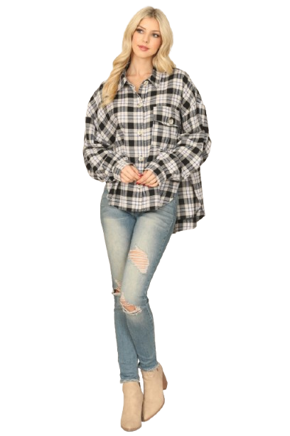 Black Seamless Plaid Long Sleeve Button Down Pocket Patch Curve Hem Top - Pack of 6