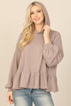 Mocha Hoodie Long Puff Sleeve Ruffle Hem Peplum Top - Pack of 8