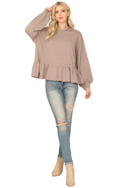 Mocha Hoodie Long Puff Sleeve Ruffle Hem Peplum Top - Pack of 8