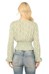 Sage V Neck Long Sleeve Smocked Ruffle Waist Printed Top - Pack of 6