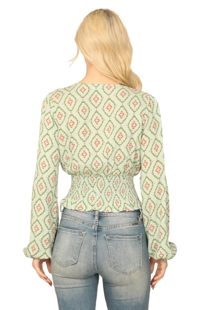 Sage V Neck Long Sleeve Smocked Ruffle Waist Printed Top - Pack of 6