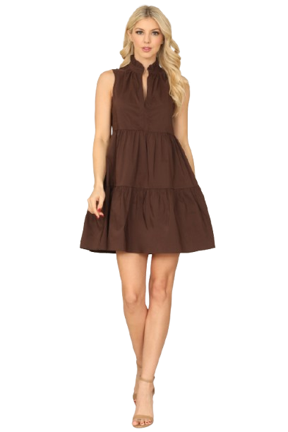 Brown Ruffle Notch High Neck Sleeveless Tiered Mini Dress - Pack of 5