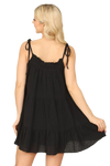 Black Tie Strap Smocked Ruffle Neck Tiered Solid MIni Dress - Pack of 5