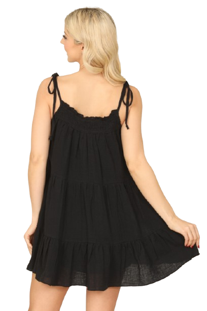 Black Tie Strap Smocked Ruffle Neck Tiered Solid MIni Dress - Pack of 5