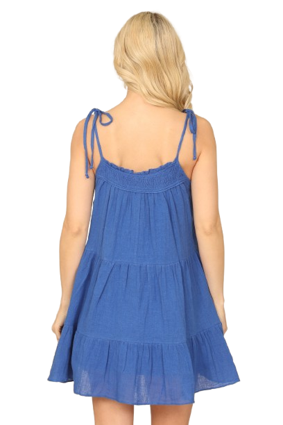 Royal Blue Tie Strap Smocked Ruffle Neck Tiered Solid MIni Dress - Pack of 5