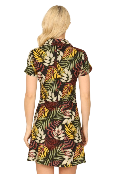 Black Tropical Short Sleeve Collared Button Down Mini Dress - Pack of 5