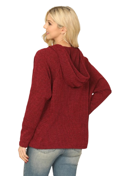 Burgundy V Neck Long Sleeve Hoodie Knitted Top - Pack of 6