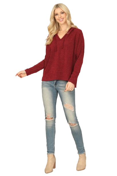 Burgundy V Neck Long Sleeve Hoodie Knitted Top - Pack of 6