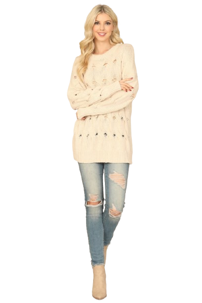 Cream Long Sleeve Hole Detail Knitted Top - Pack of 6