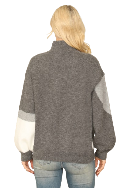 Grey White High Neck Long Puff Sleeve Knitted Pattern Top - Pack of 6