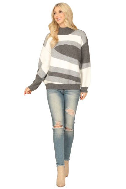 Grey White High Neck Long Puff Sleeve Knitted Pattern Top - Pack of 6