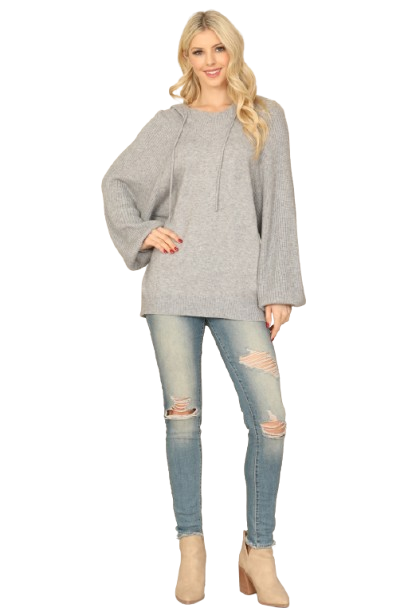 Heather Grey Long Puff Sleeve Knitted Detail Hoodie Top - Pack of 6