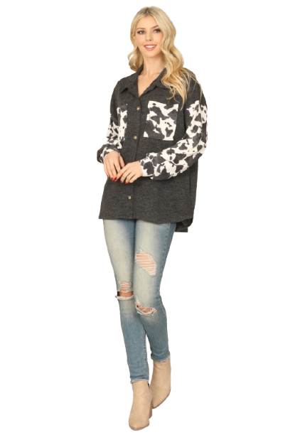 Charcoal Animal Contrast Long Sleeve Front Pocket Top - Pack of 6