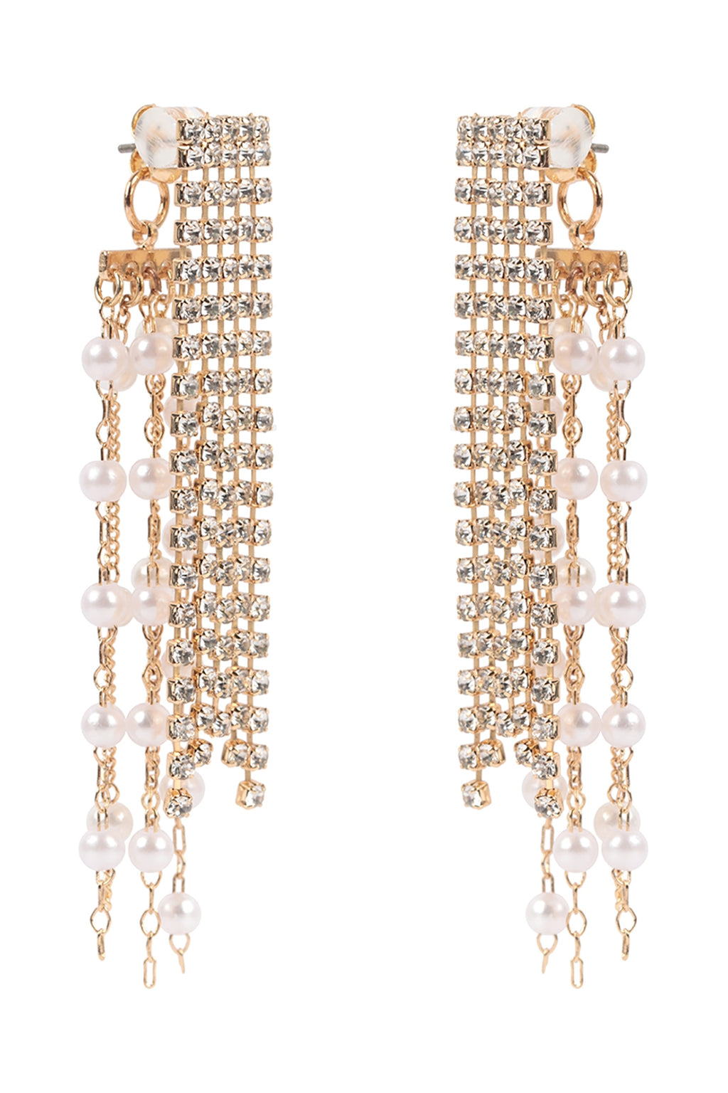 Pearl Rhinestone Fringe Front Back Drop Earrings Gold Crystal - Pack of 6