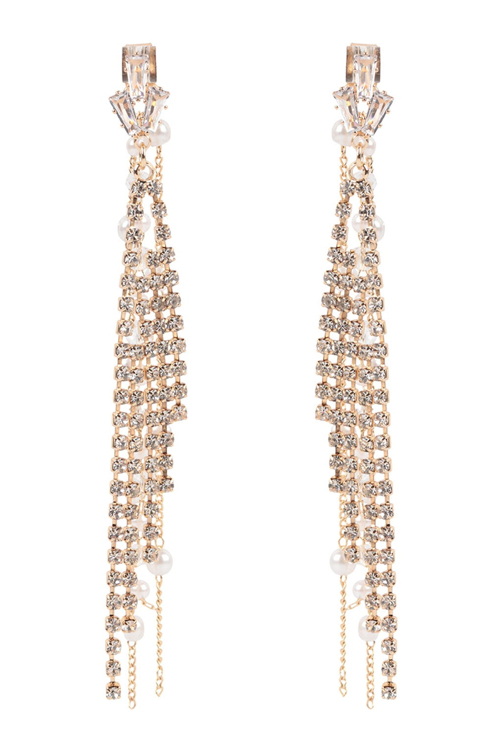 Pearl Rhinestone Fringe Front Back Chain Drop Earrings Gold Crystal - Pack of 6