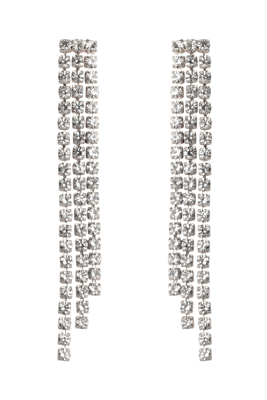 Rhinestone 3 Line Fringe Drop Earrings Silver Crystal - Pack of 6