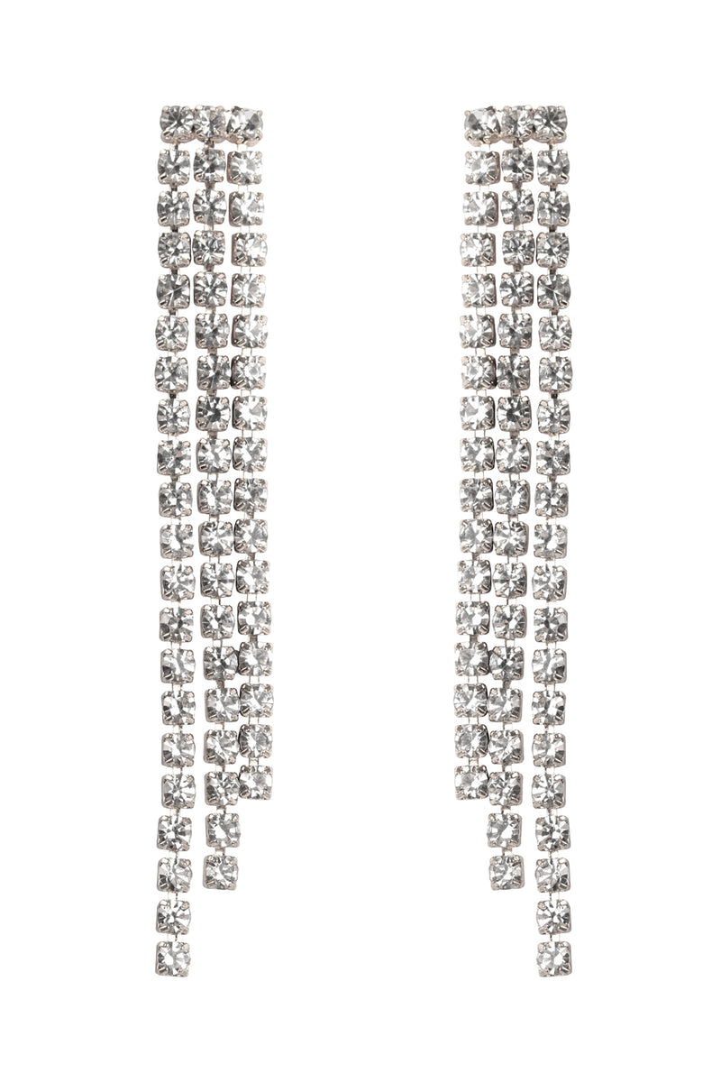 Rhinestone 3 Line Fringe Drop Earrings Silver Crystal - Pack of 6