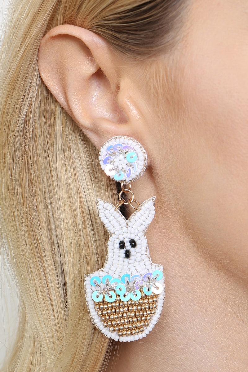 Easter Rabbit Basket Seed Bead Drop Earrings White Multicolor - Pack of 6