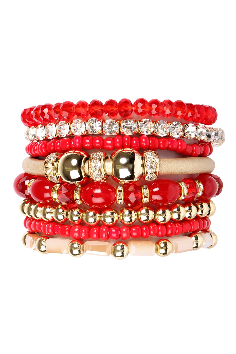 Red Classic Multibeaded Bracelet Set  - Pack of 6