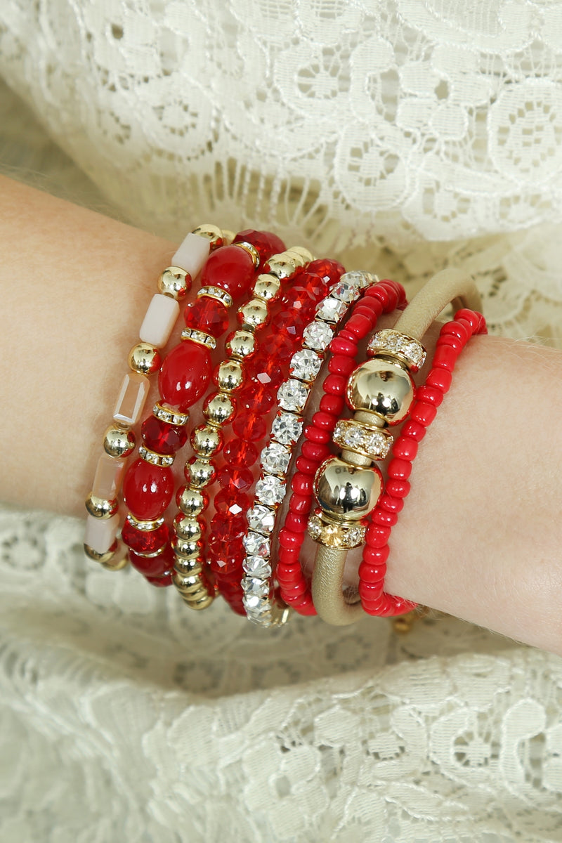 Red Classic Multibeaded Bracelet Set  - Pack of 6