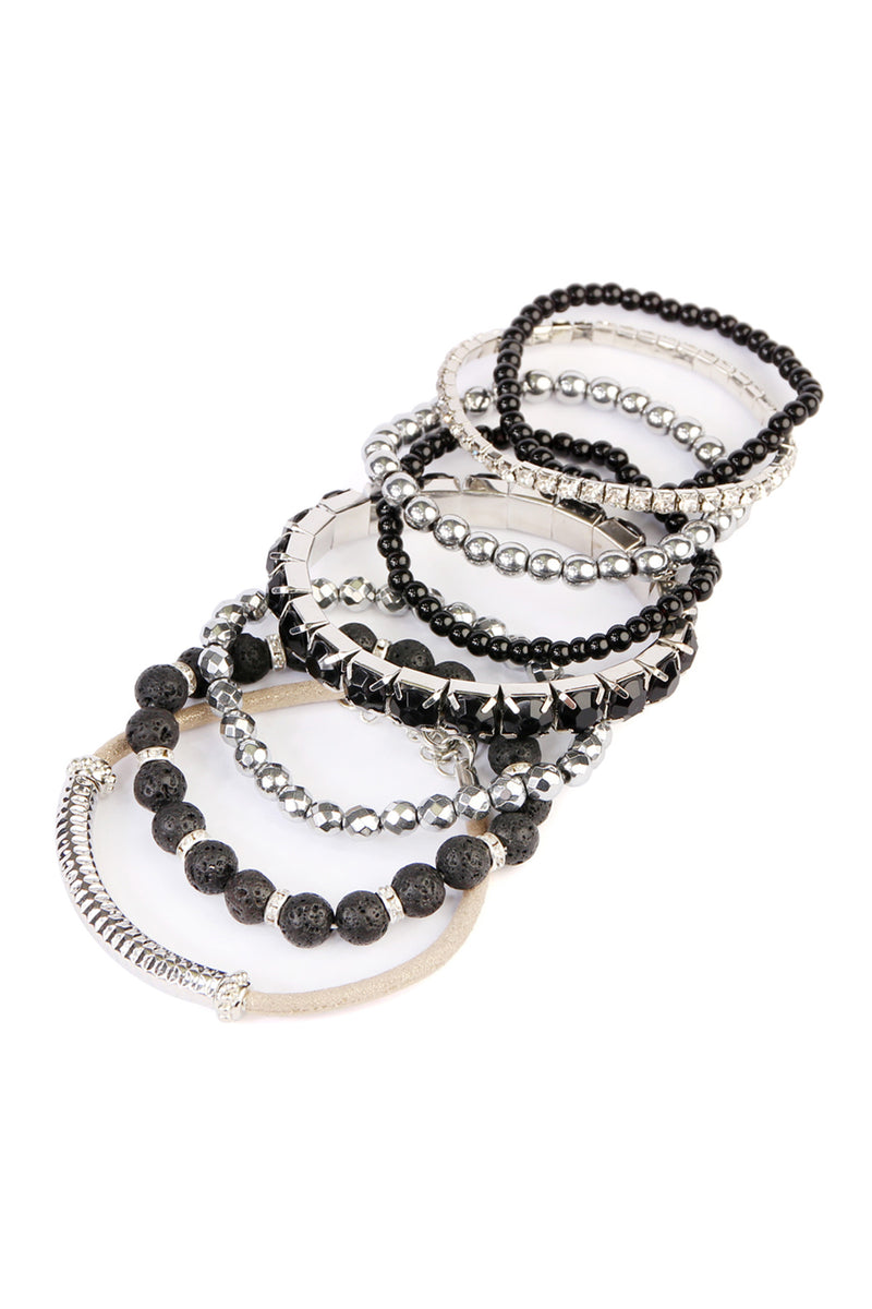 Silver Mixed Beads Charm Multi Line Bracelet - Pack of 6